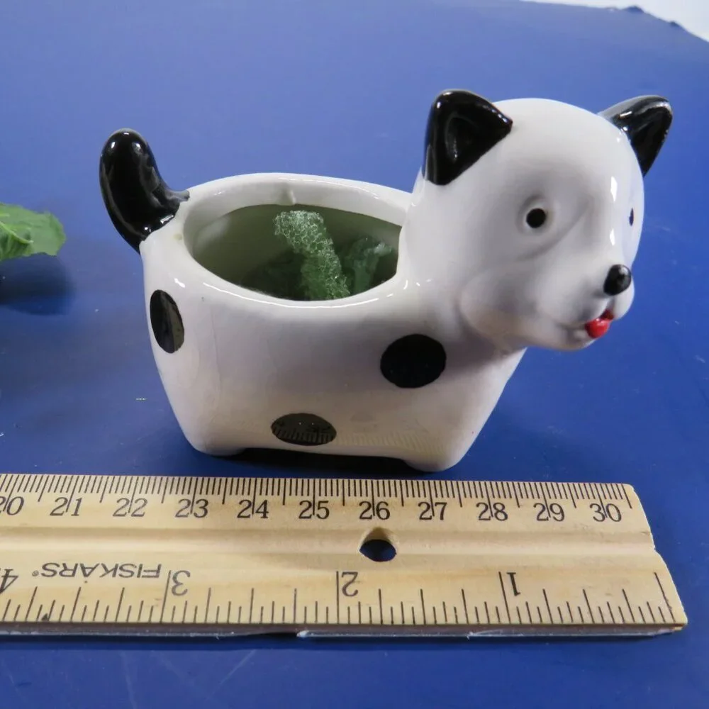 Mini Polka Dot Ceramic Dog w flowers or trinkets 2 3/4